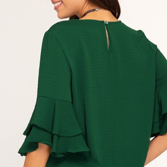 NEW! Hunter Green Ruffle Bell Sleeve Tie Front Top - Picture 5 of 7